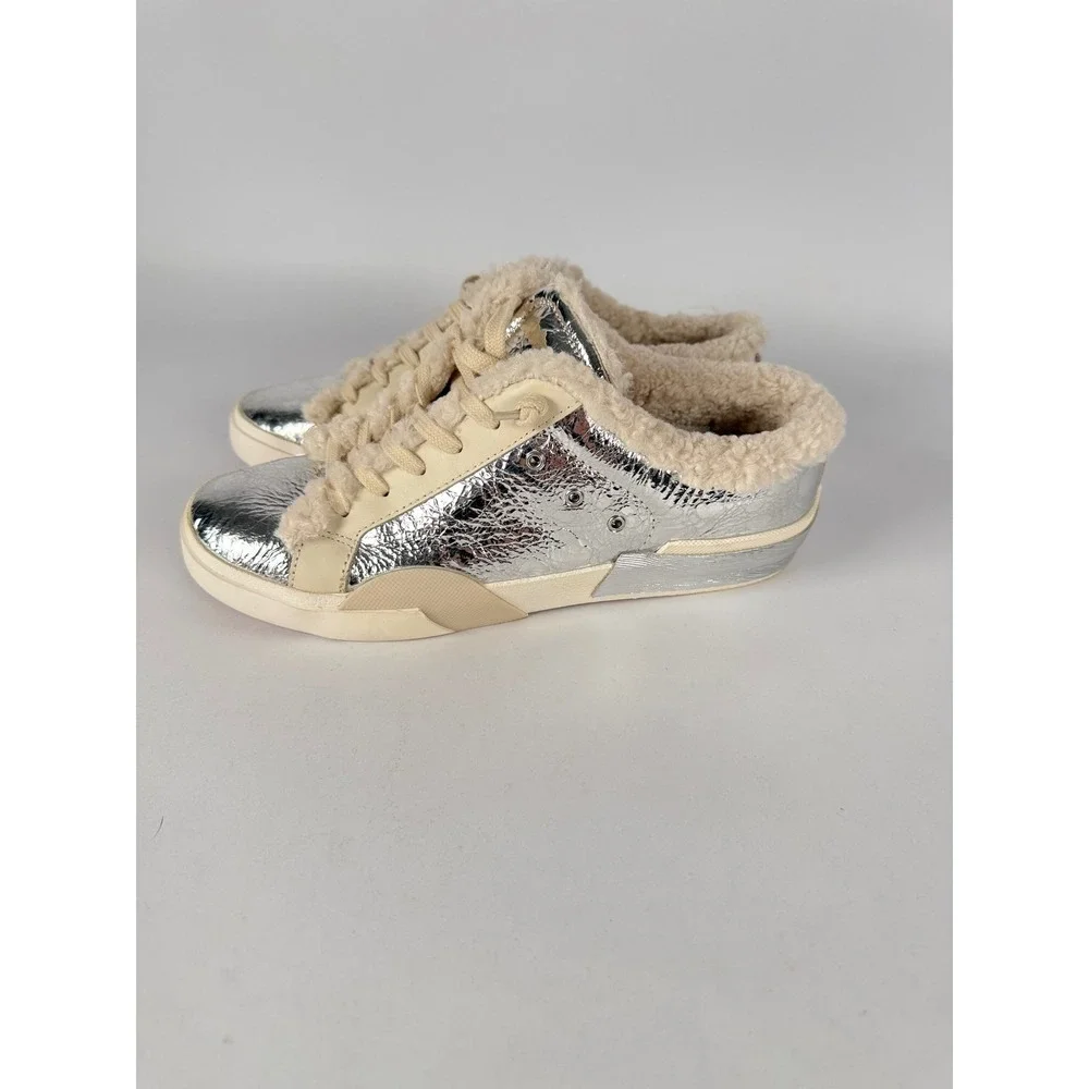 Dolce Vita Zina Metallic Silver Faux Fur Lined Slip‎ On Sneakers Womens 9